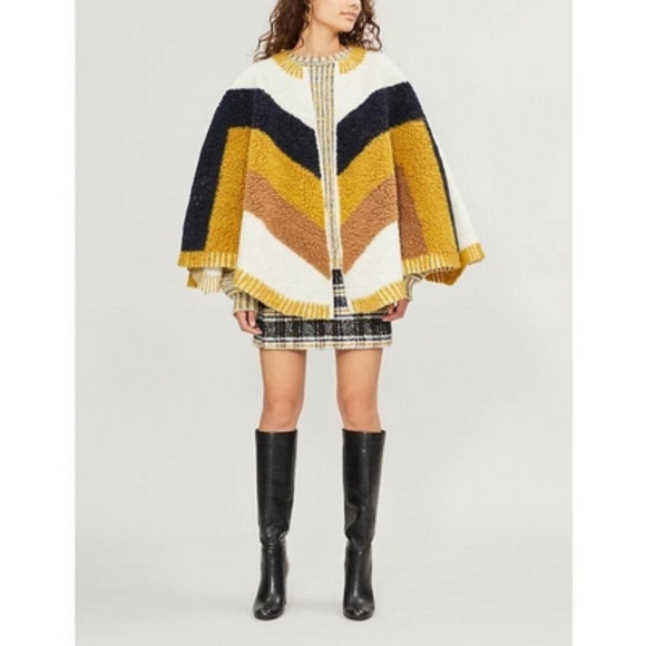 Maje Sweaters - MAJE Elby Patterned Wool-blend Poncho Cape Black Gold OS